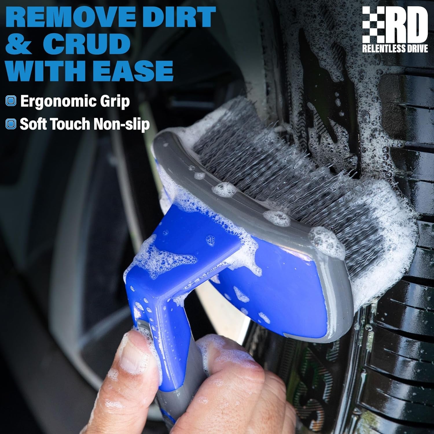 Ergonomic Tire Brush - Car Wheel Brush for Tire Shine Application - Heavy Duty Bristles & Curved Head for Easy Use