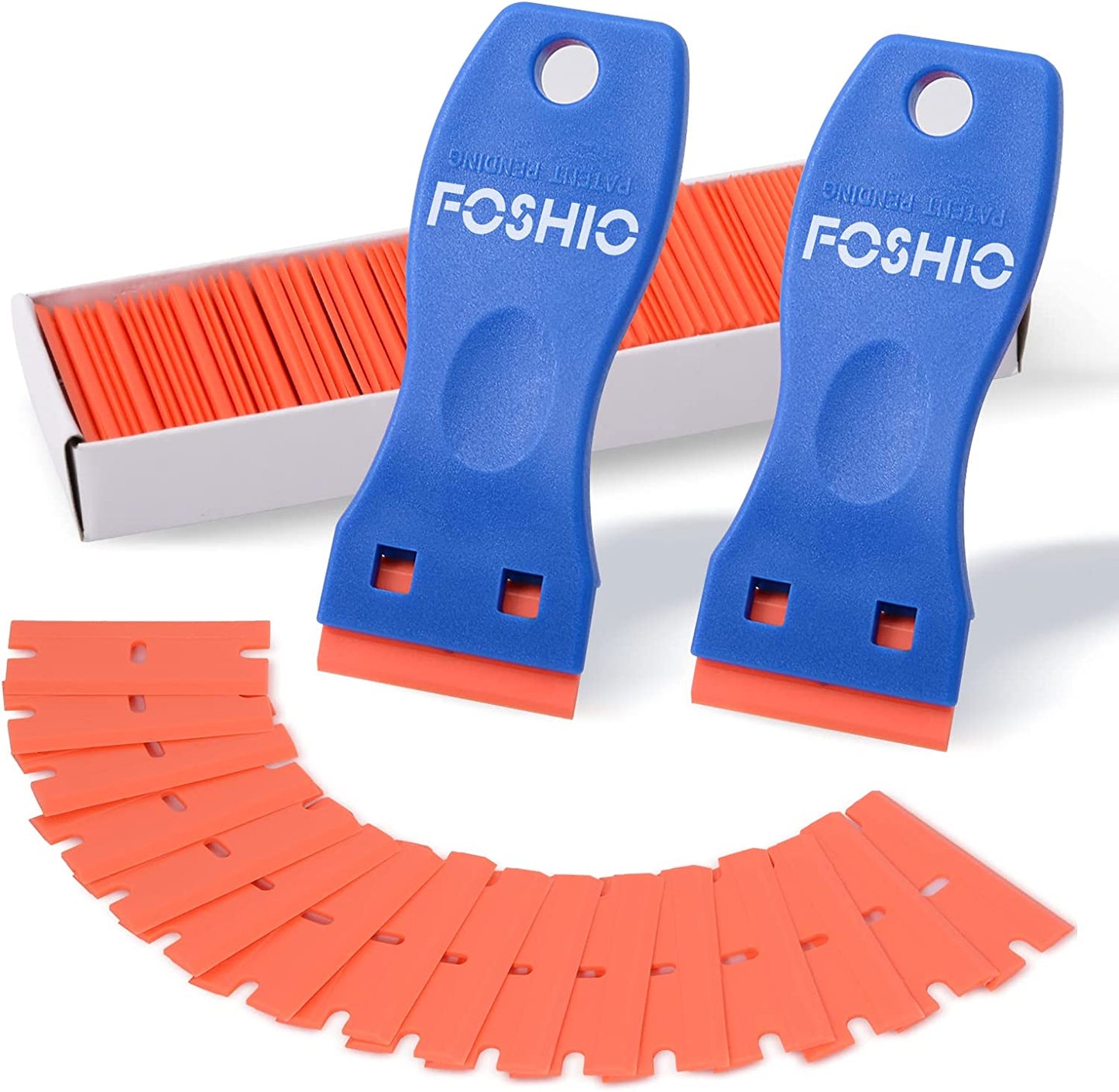 Plastic Razor Blade Scraper Include 2PCS Scraper Tool and 100PCS Blades for Gasket Remover, Labels Decal and Adhesive Remover for Windows and Glass,Blue